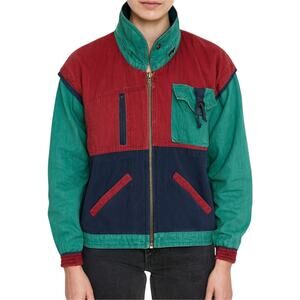 VTG Spys Windbreaker Hidden Hood Jacket 100% Cotton Full Zip Pockets Red XS